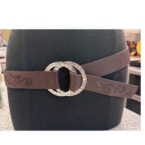 Women Brighton Brown Leather Embossed Scroll Design Double Circle Buckle Belt L